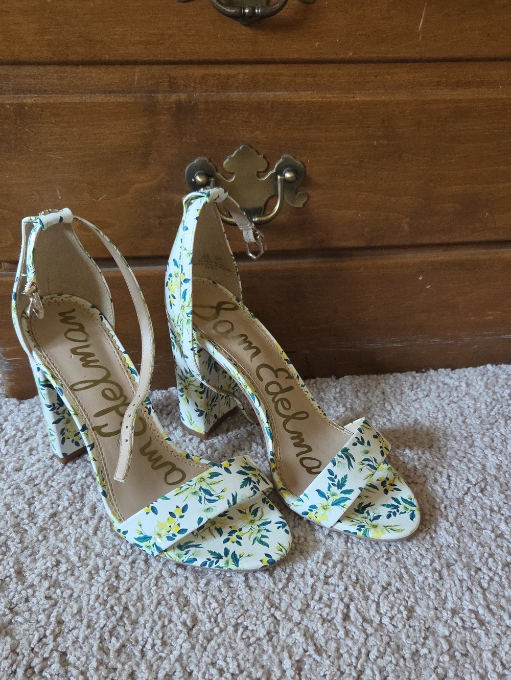 Sam Edelman White Floral Block Heel Sandals with Yellow & Green Print